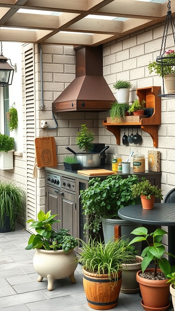 An outdoor kitchen with a bistro-style herb garden featuring various herbs in pots.