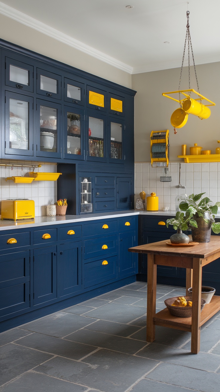 A modern kitchen with navy blue cabinets and yellow accents, featuring a wooden table and indoor plants.