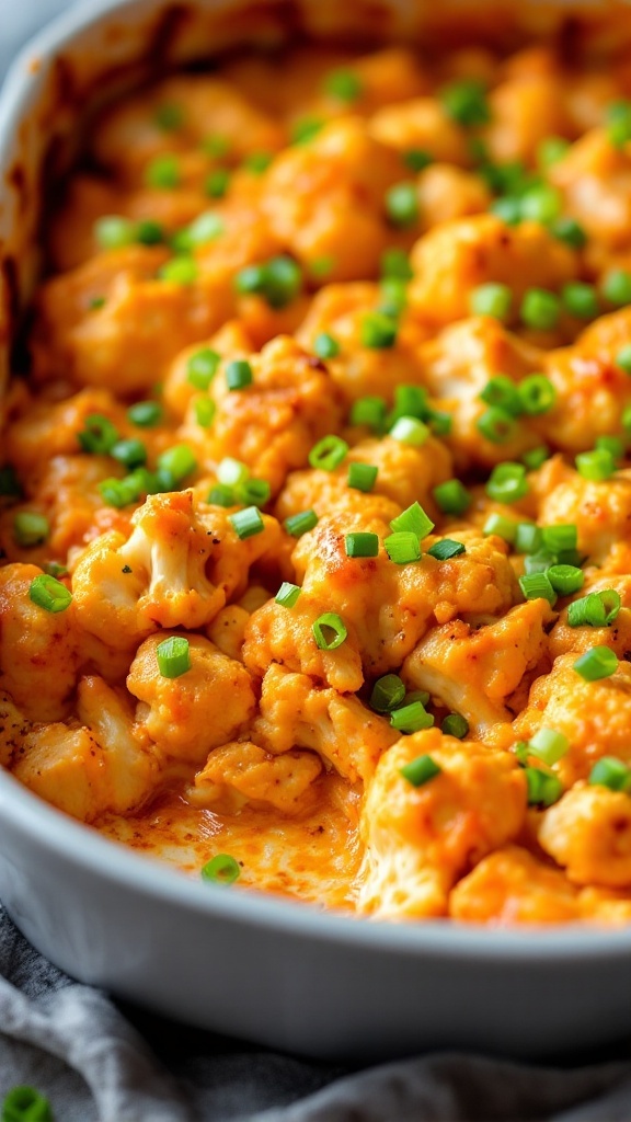A dish of Buffalo Chicken Cauliflower Bake topped with green onions.