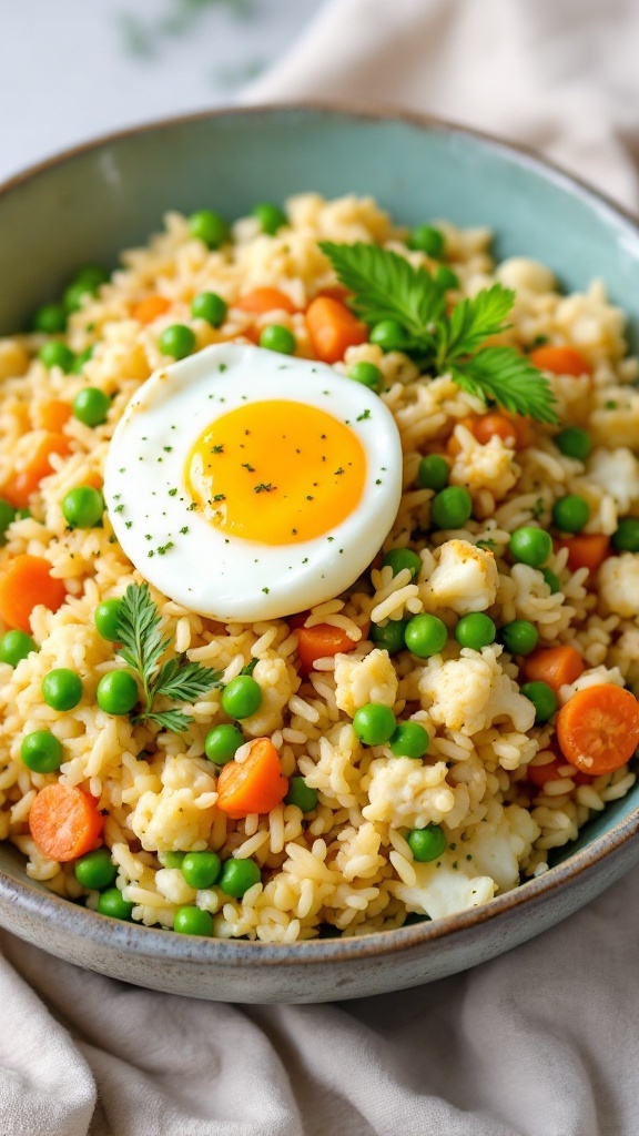 A bowl of cauliflower fried rice with eggs and mixed veggies.