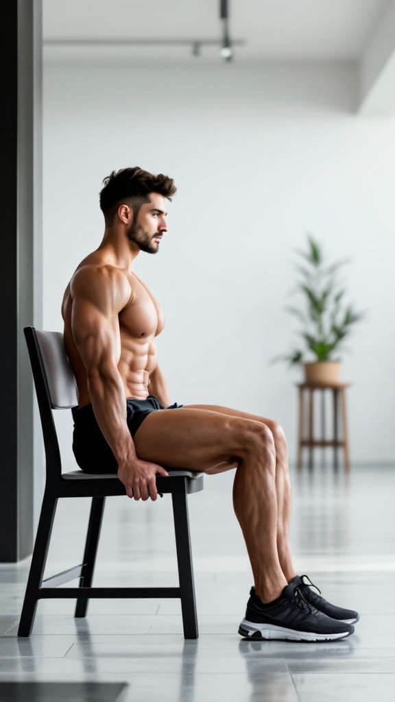 A person doing chair dips to strengthen triceps in a kitchen.