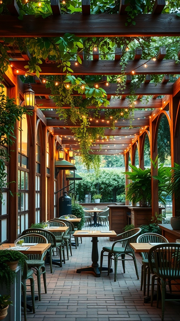 A charming outdoor pergola dining area with wooden structure, plants, and soft lighting.