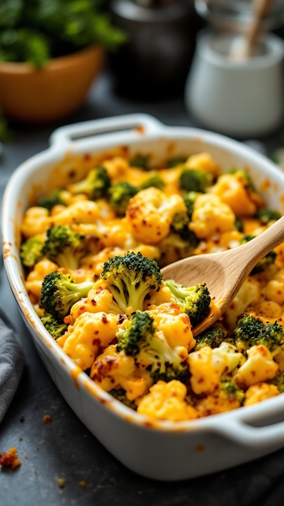A cheesy broccoli and cauliflower bake in a white dish, topped with melted cheese.
