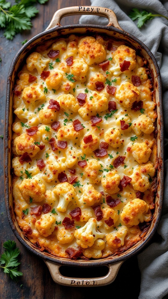 A delicious cheesy cauliflower and bacon casserole, baked to perfection with a golden top.