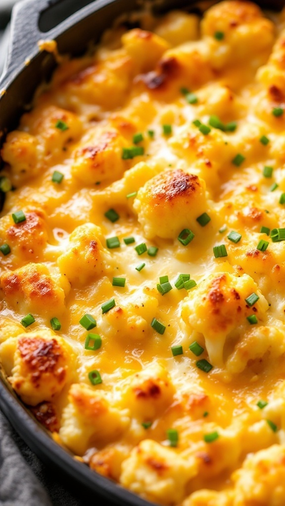 Cheesy Cauliflower Casserole with melted cheese and green onions
