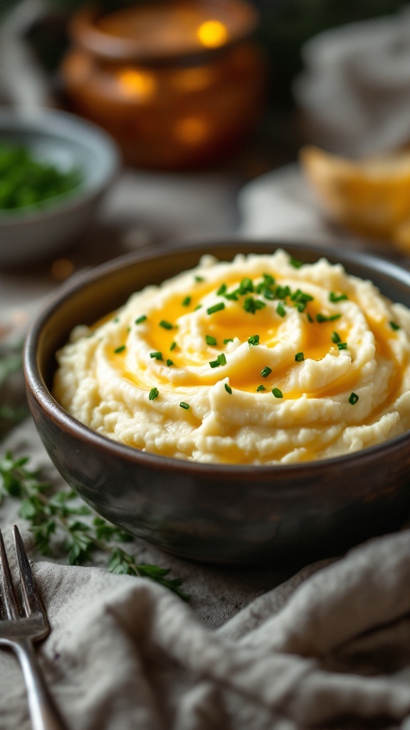 A bowl of creamy cheesy cauliflower mash topped with chives.