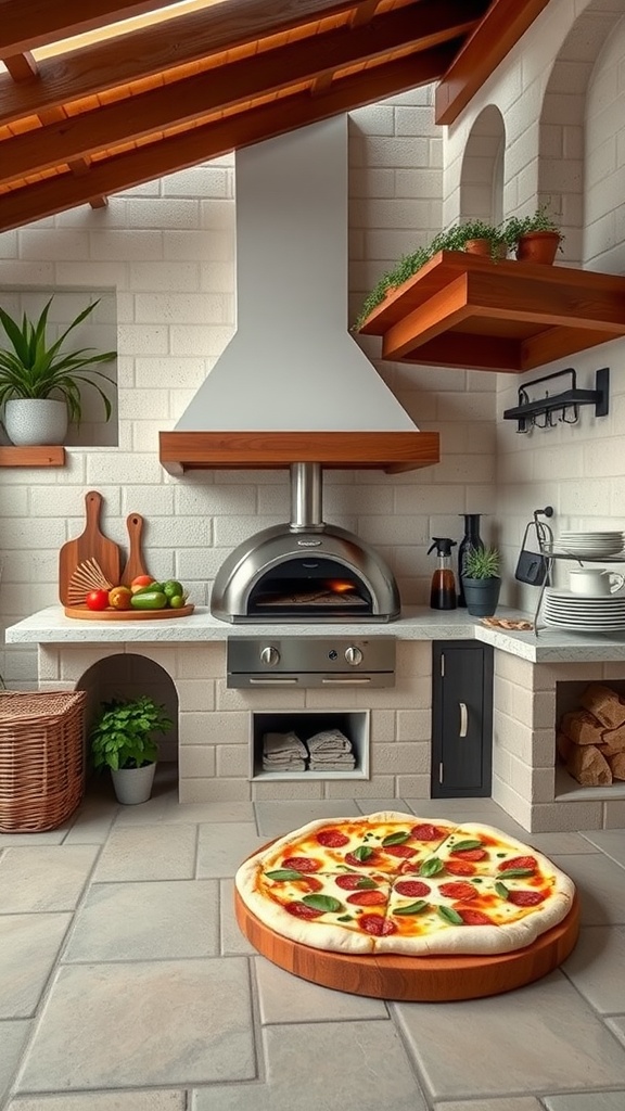 A stylish outdoor pizza kitchen featuring a stainless steel oven, wooden shelves with fresh ingredients, and a large pizza on a wooden board.