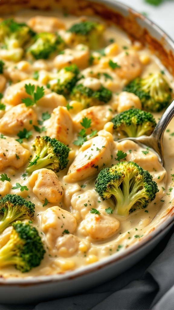 A creamy chicken and broccoli alfredo bake with a golden crust, ready to serve.