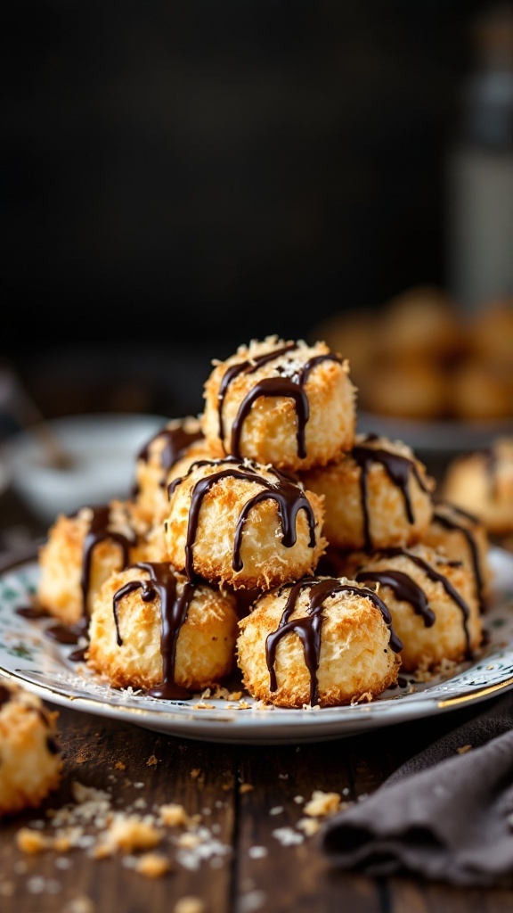 Coconut macaroons drizzled with chocolate on a plate.