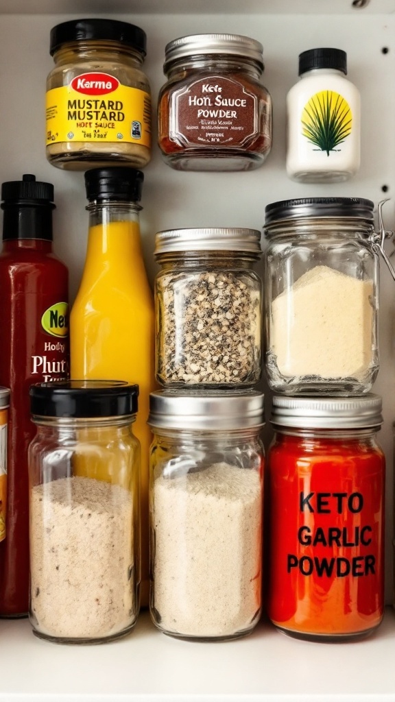 A collection of keto-friendly condiments and spices including mustard, hot sauce powder, garlic powder, and other seasonings organized neatly on a shelf.