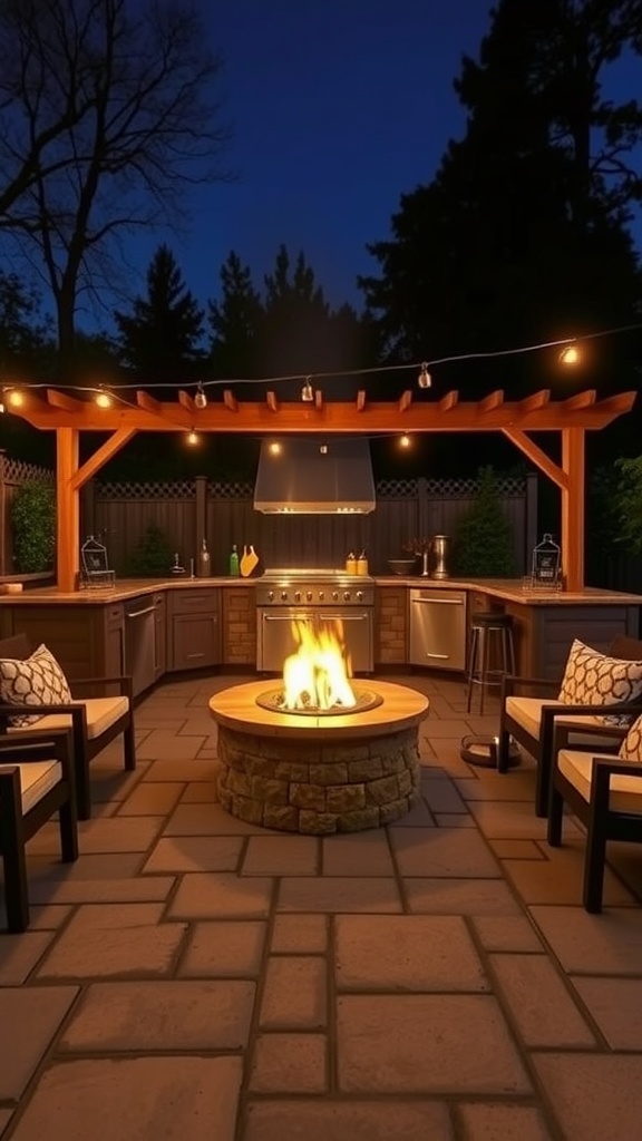 An outdoor kitchen with a cozy fire pit, modern appliances, and comfortable seating, illuminated by string lights.