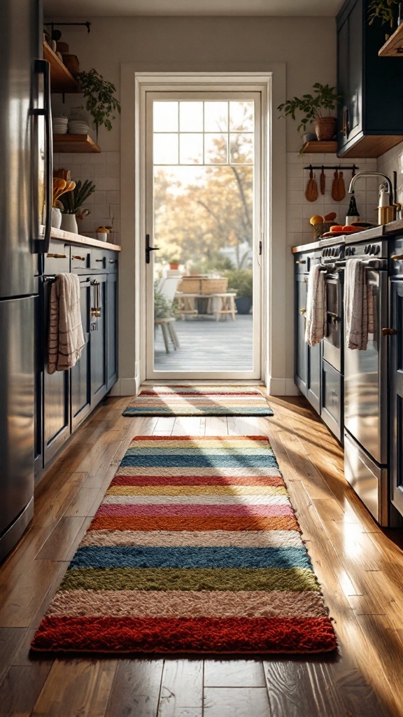 A brightly colored striped rug laid in a cozy kitchen leading to an outdoor area.