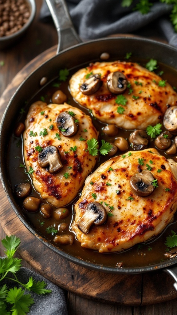 Creamy Garlic Mushroom Chicken on a skillet