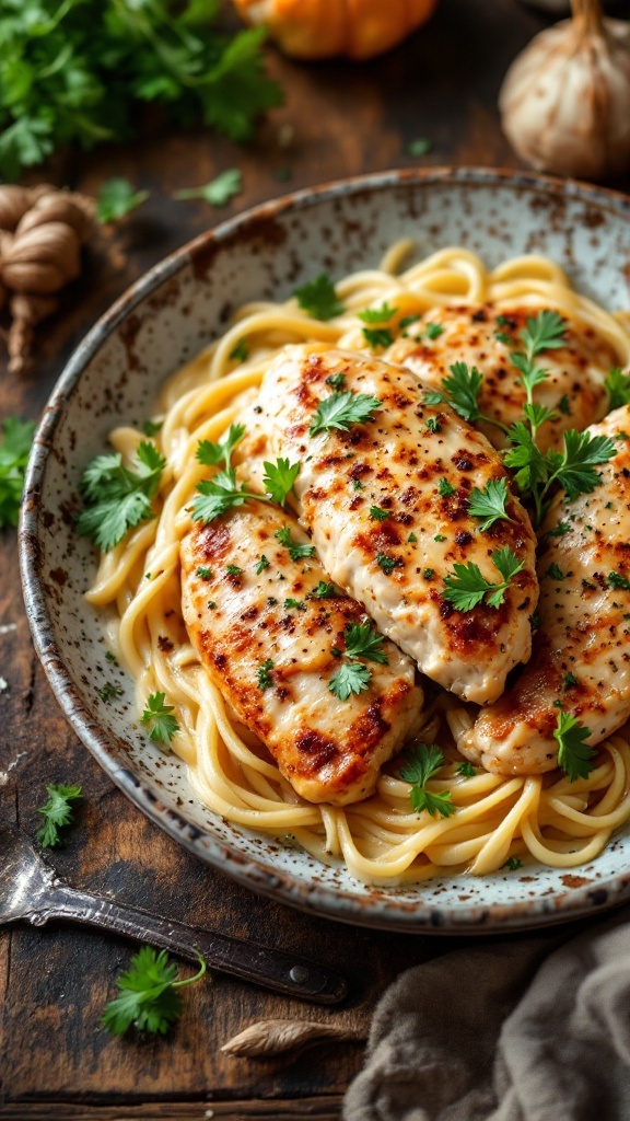 A plate of Creamy Garlic Parmesan Chicken served with parsley on top.