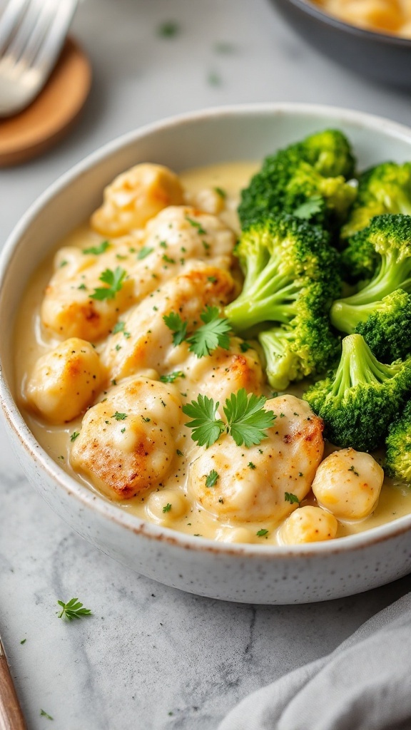 A delicious serving of creamy garlic parmesan chicken with broccoli on the side.