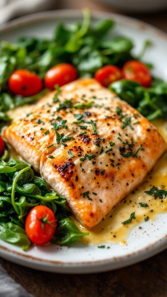 Plate of creamy garlic Tuscan salmon with spinach and cherry tomatoes