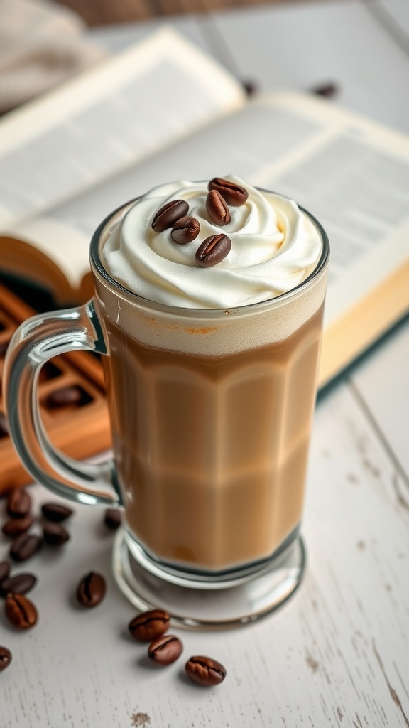 A glass of creamy Irish coffee topped with whipped cream and coffee beans.