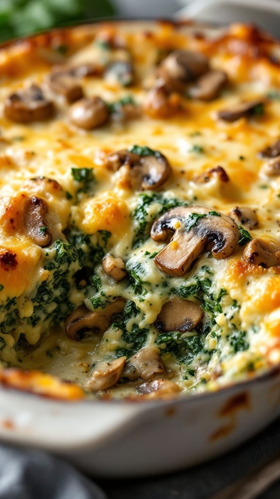 Creamy spinach and mushroom casserole in a baking dish.