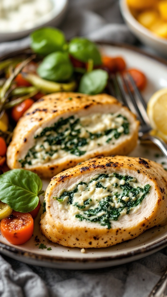 Creamy spinach stuffed chicken breasts on a plate with vegetables.