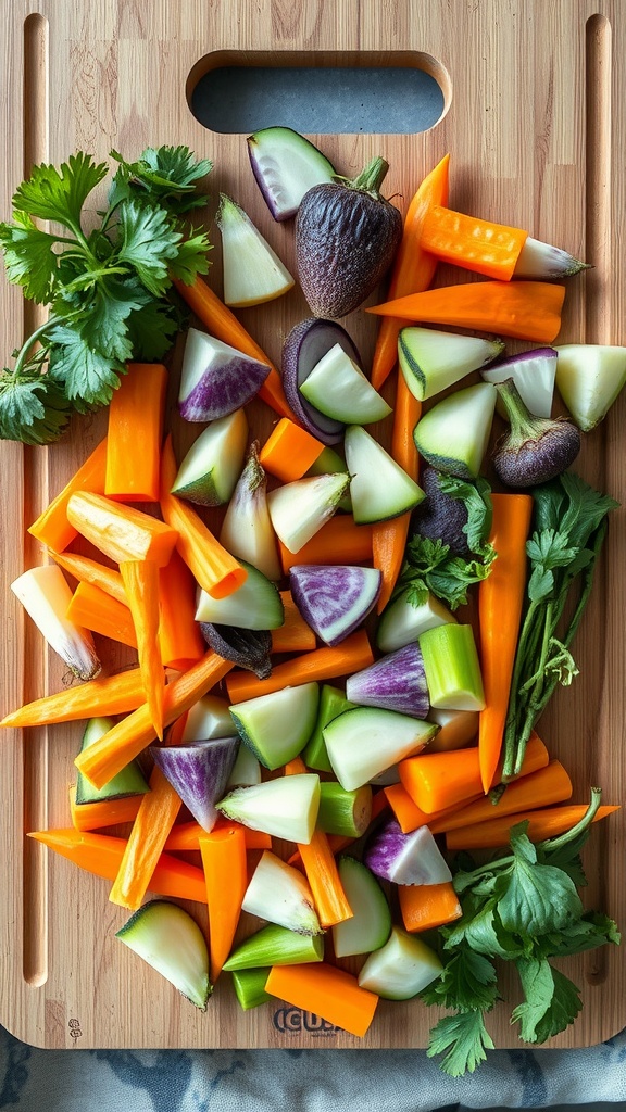 Colorful chopped vegetables on a wooden cutting board