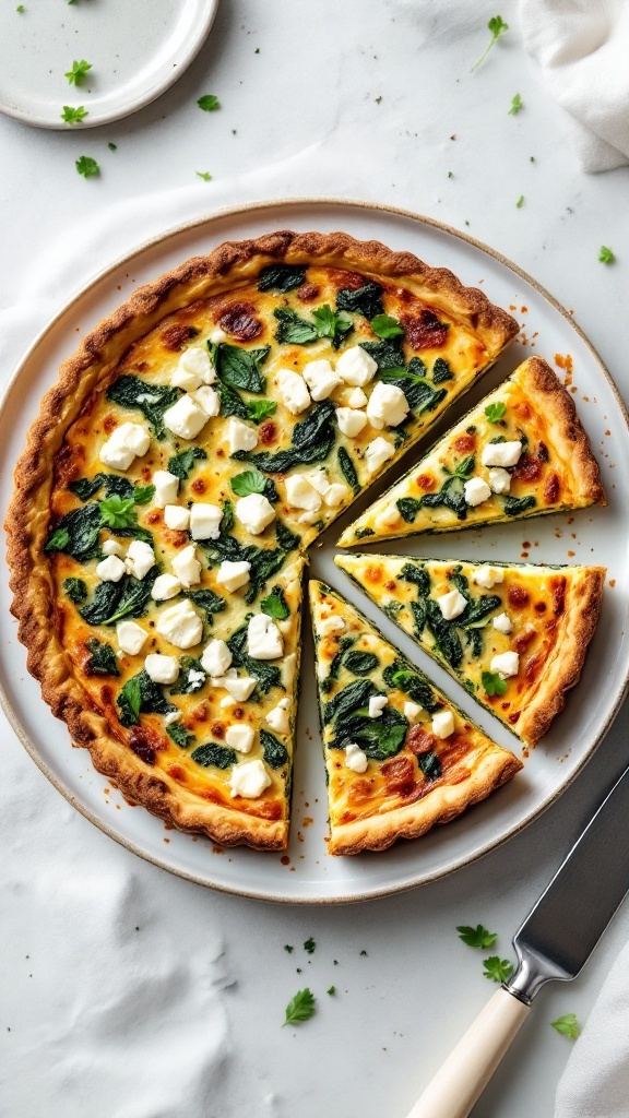 A slice of crustless quiche with spinach and feta cheese.