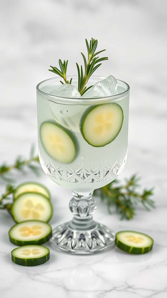 A refreshing cucumber gin cooler cocktail garnished with cucumber slices and rosemary.