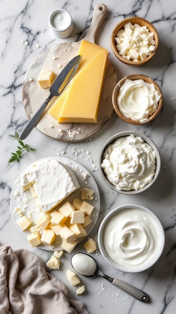 A selection of dairy products including cheese, yogurt, and cream on a marble countertop.