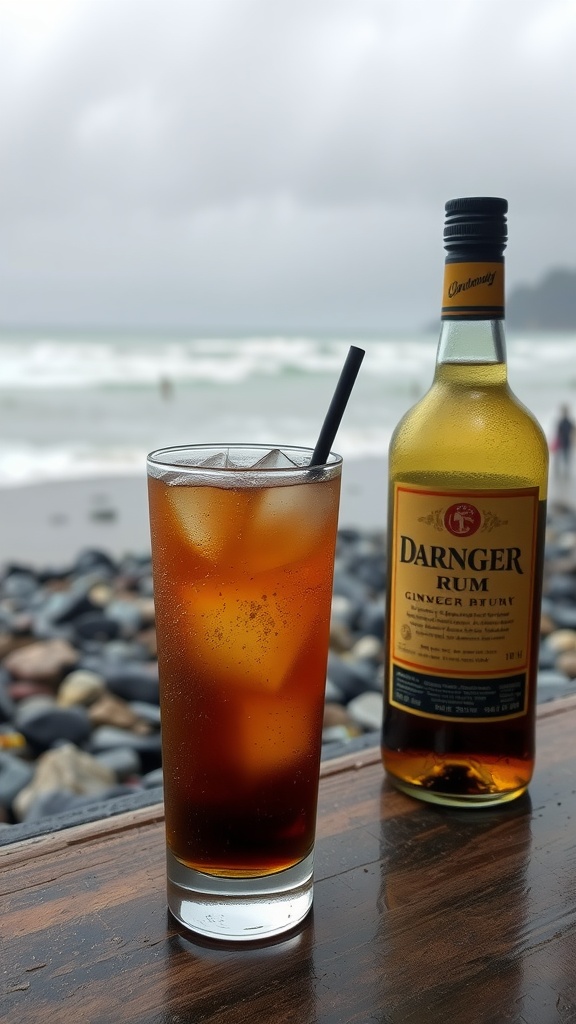 A refreshing Dark and Stormy cocktail with ginger beer and dark rum