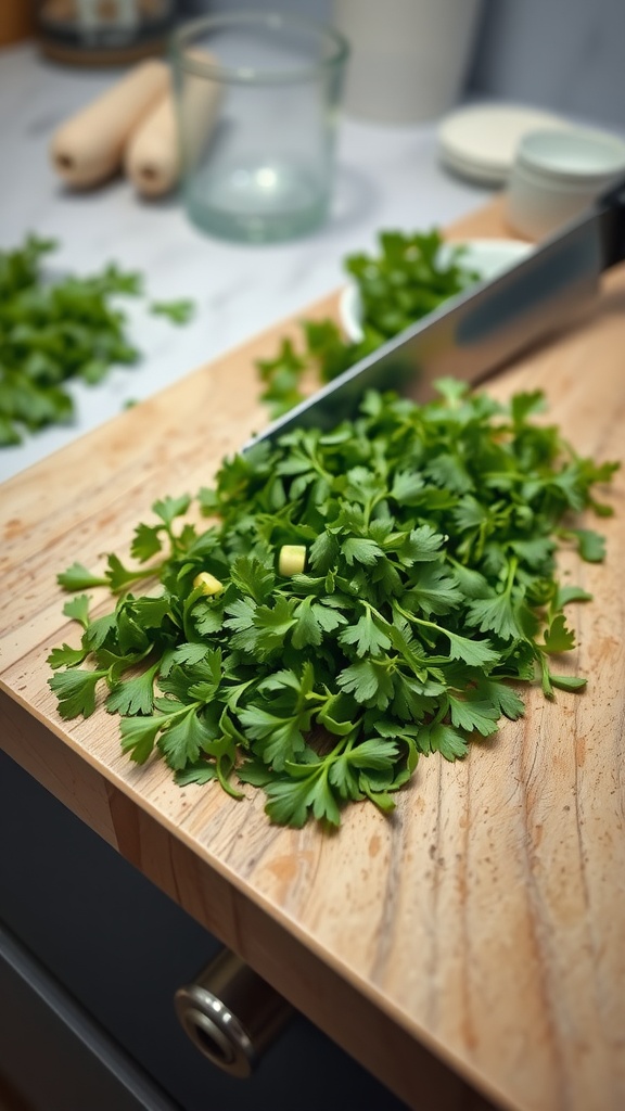 Chopped cilantro on a wooden cutting board with a knife.