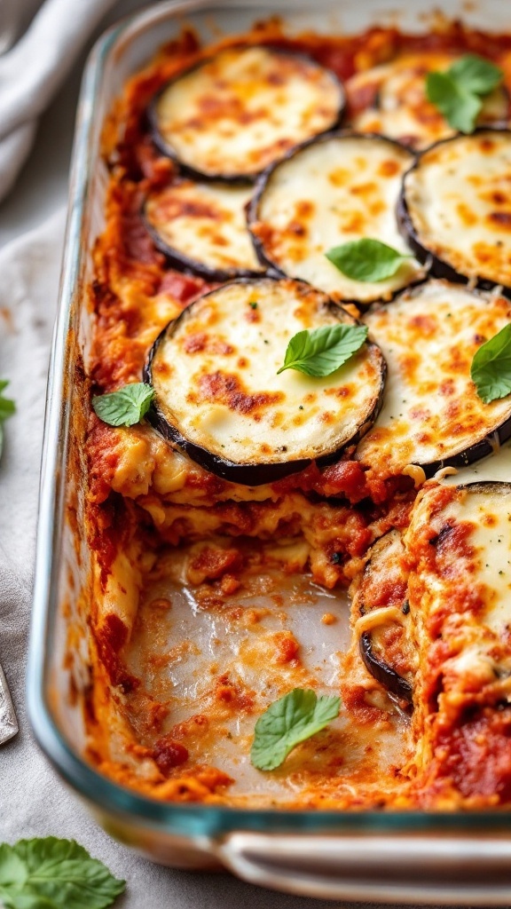 A delicious serving of Eggplant Parmesan with melted cheese and fresh basil.