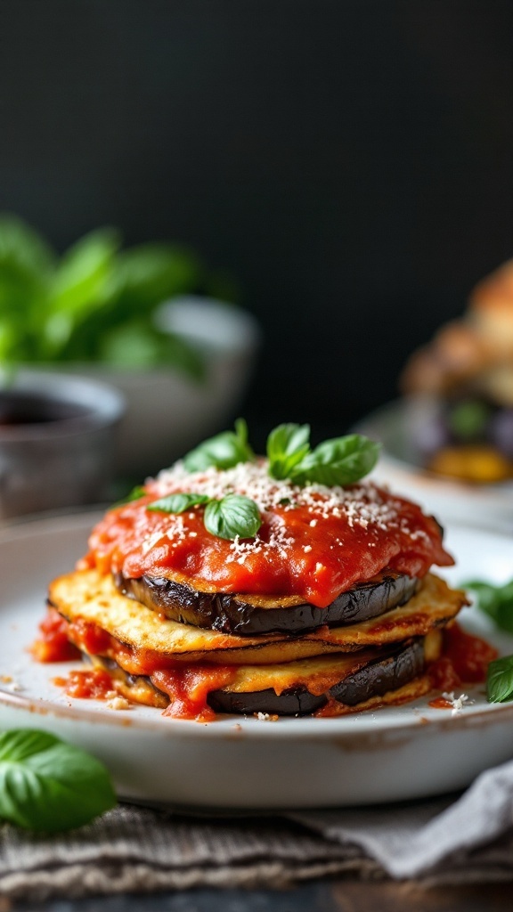 A plate of Eggplant Parmesan topped with marinara sauce and fresh basil.