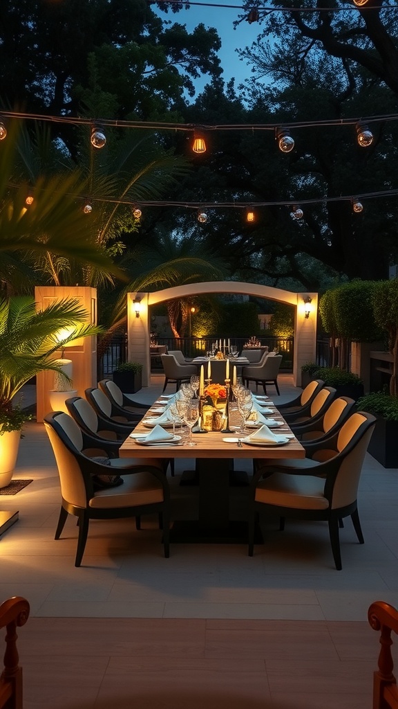 An outdoor dining area set for dinner with ambient lighting and greenery.