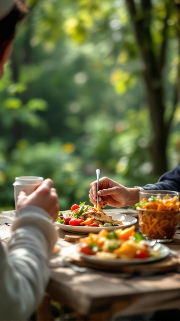 Two people enjoying a healthy meal outdoors, surrounded by greenery, practicing mindful eating.