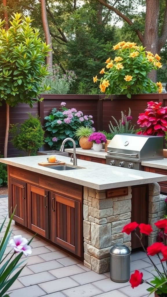 A functional outdoor kitchen island made of wood and stone, surrounded by colorful flowers and greenery.