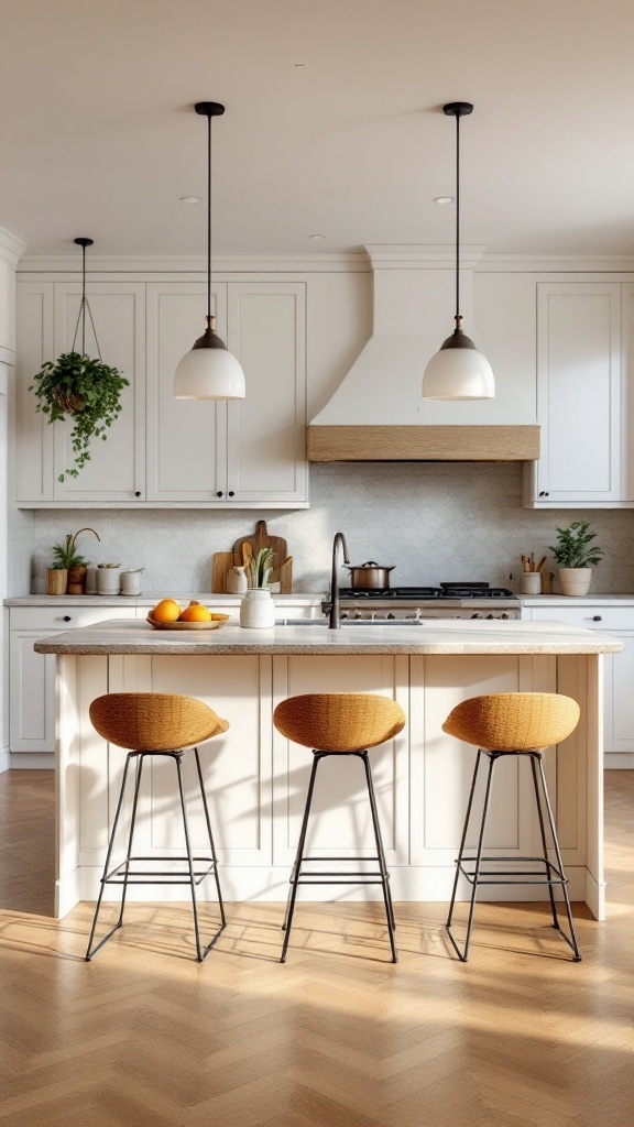 A cozy kitchen featuring a stylish kitchen island with seating and warm lighting.