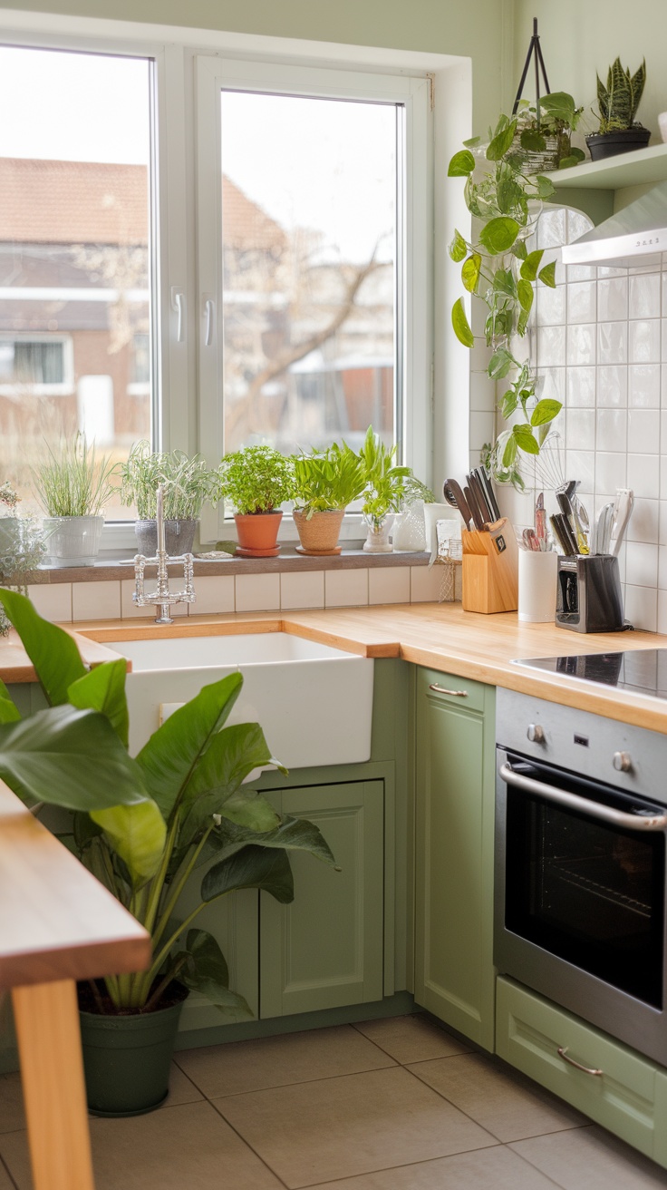 A modern kitchen featuring various potted plants and herbs on the windowsill and countertop.