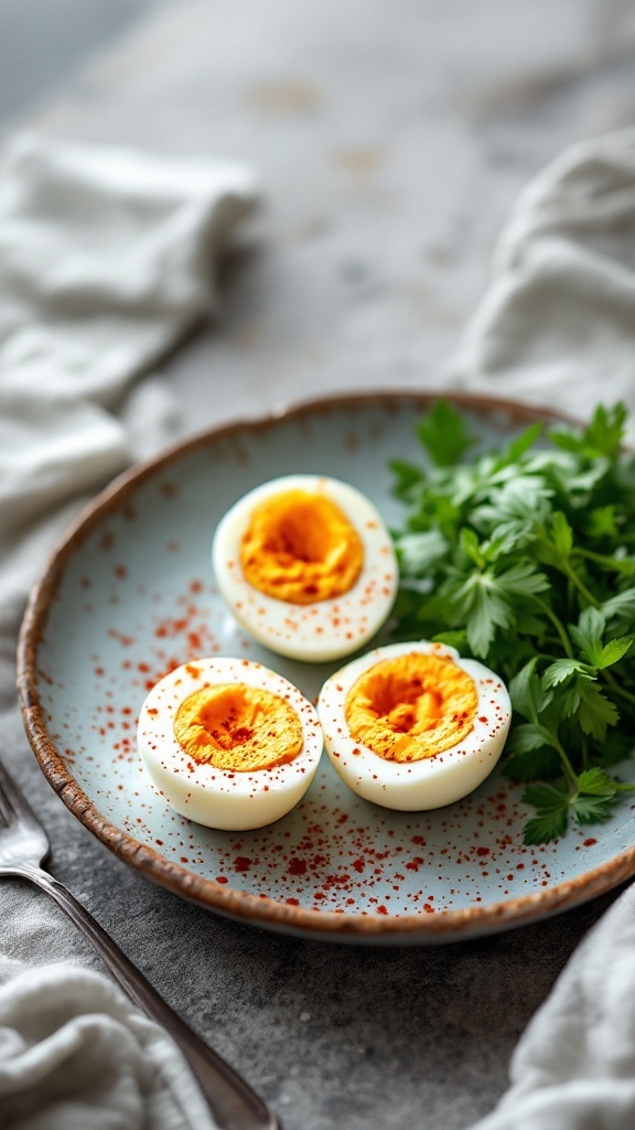 A plate of hard-boiled eggs sprinkled with paprika, served with a side of fresh parsley.