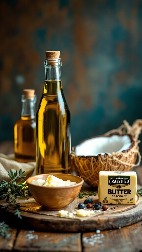 Selection of oils and butters including olive oil, avocado oil, grass-fed butter, and coconut