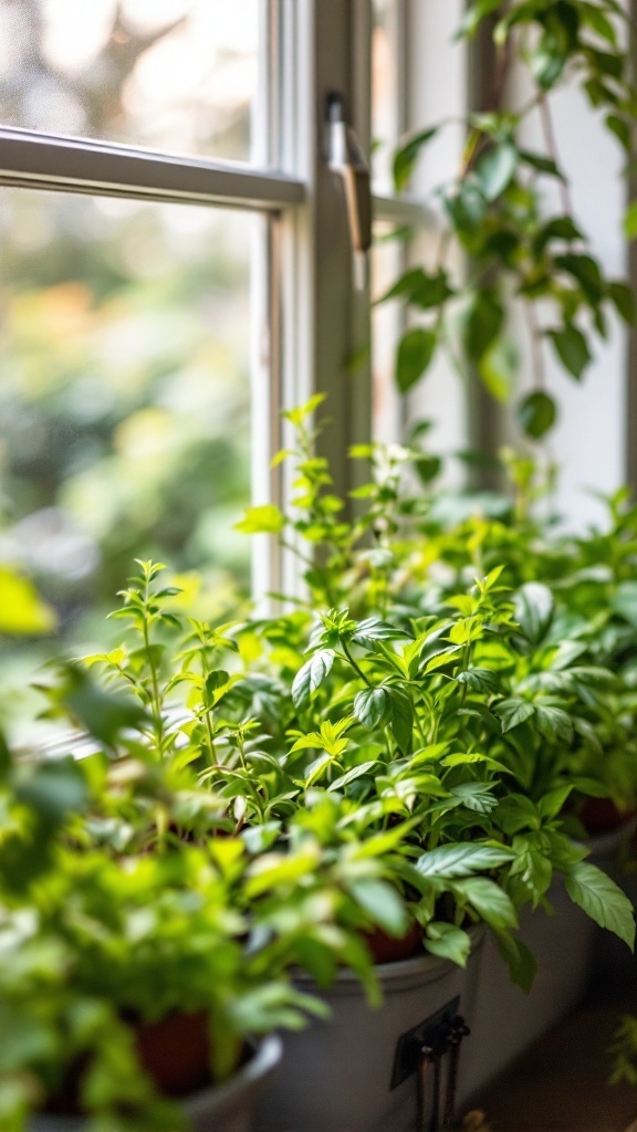 A bright kitchen window with pots of fresh herbs like basil and mint.