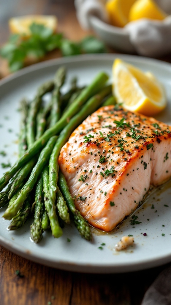 Plate of herbed lemon garlic salmon with asparagus