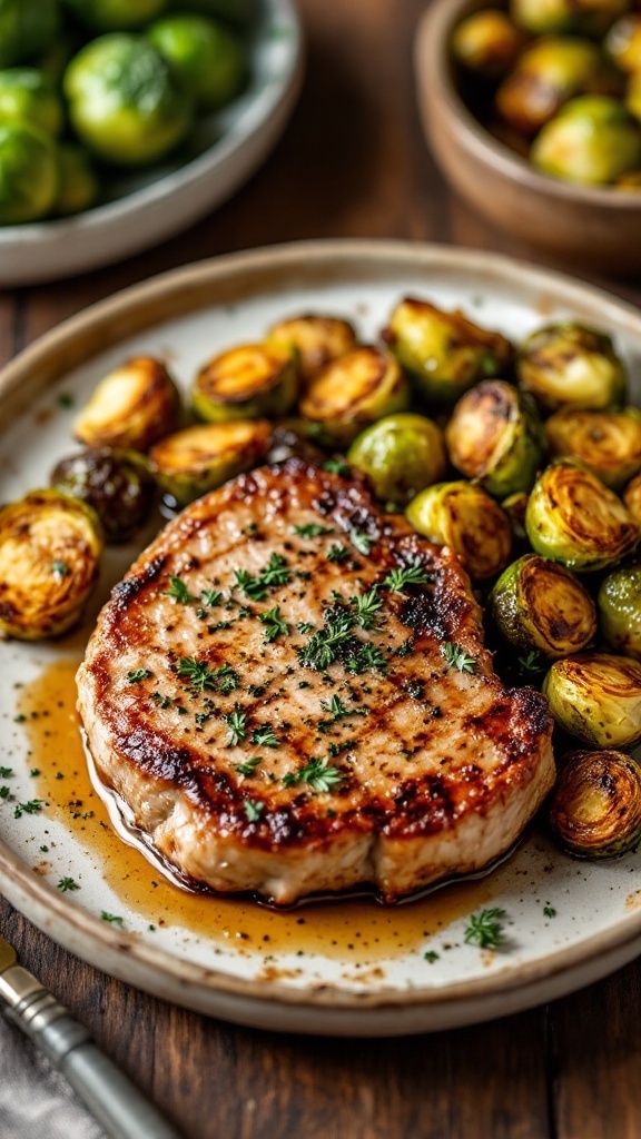 Plate of herbed pork chops with roasted Brussels sprouts