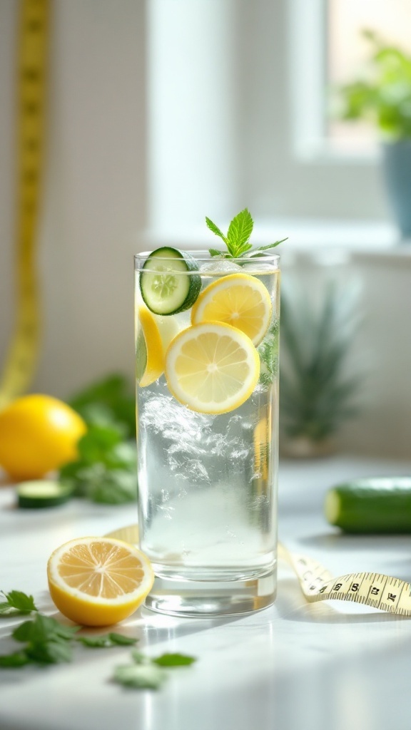 A refreshing glass of infused water with lemon and cucumber, surrounded by fresh ingredients.