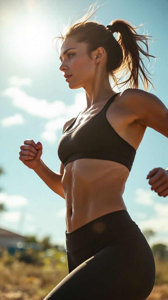 A determined woman running outdoors during a sunny day.