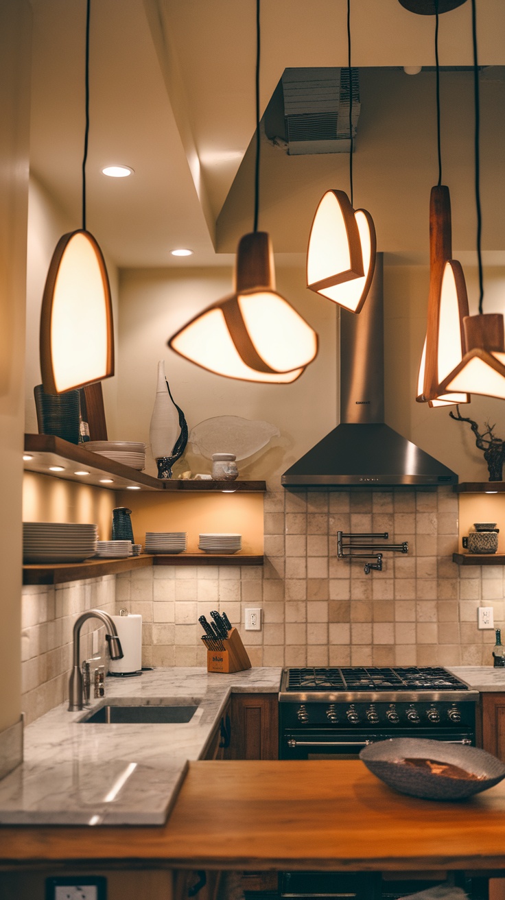 A modern kitchen featuring stylish pendant lights, marble countertops, and open shelving.