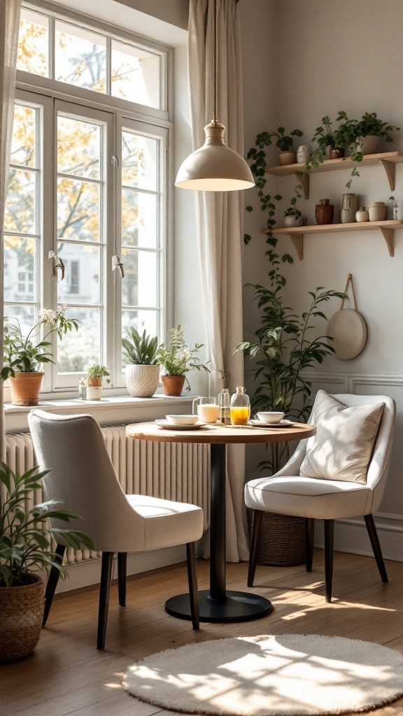 A cozy breakfast nook with a round table, soft chairs, and plants in a sunlit kitchen