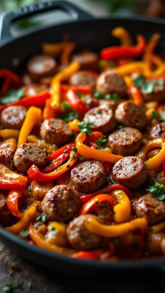 A delicious mix of Italian sausage and colorful bell peppers in a bake.