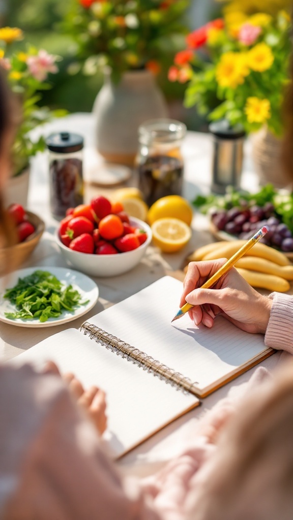 A person writing in a notebook with a pencil, surrounded by fresh fruits and flowers on a sunny table.