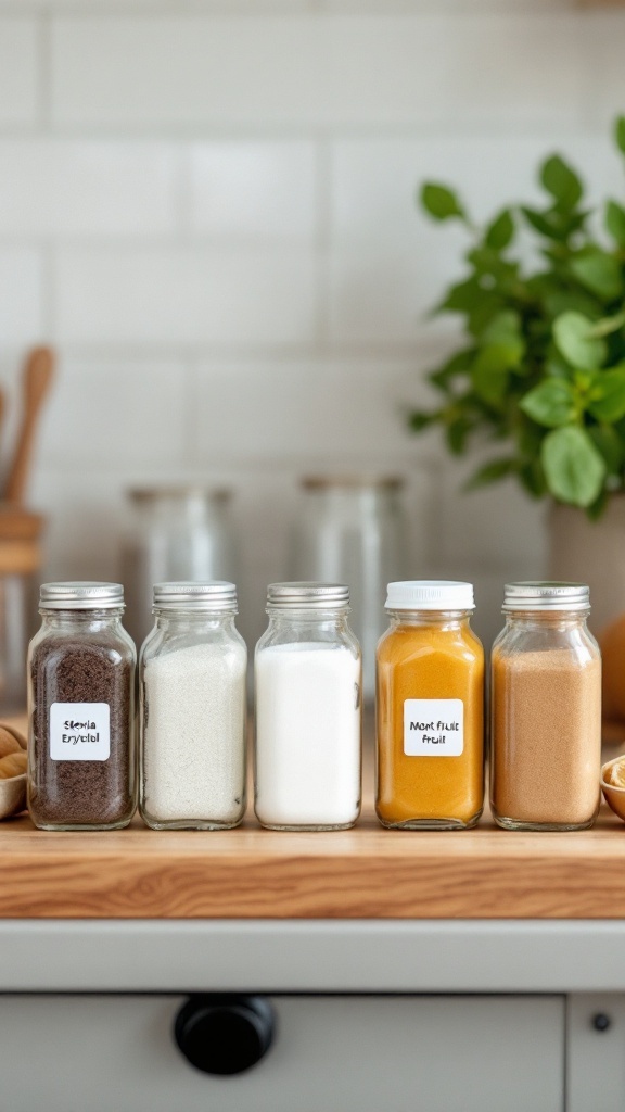 Selection of keto-friendly sweeteners in glass jars on a kitchen counter.