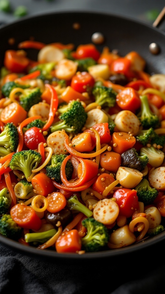 A vibrant vegetable stir-fry with broccoli, bell peppers, and carrots in a skillet.