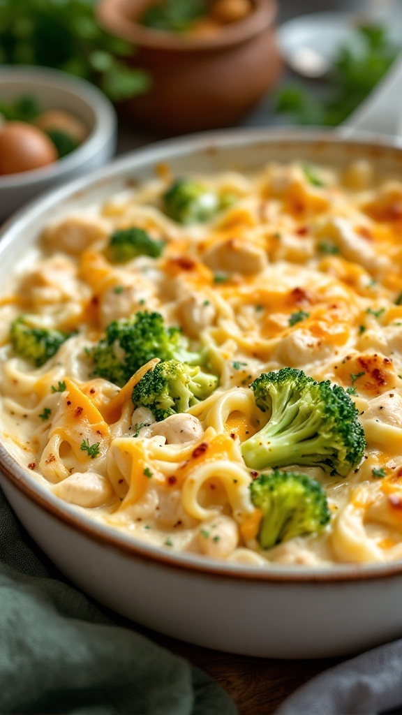 A creamy chicken alfredo bake with broccoli and melted cheese